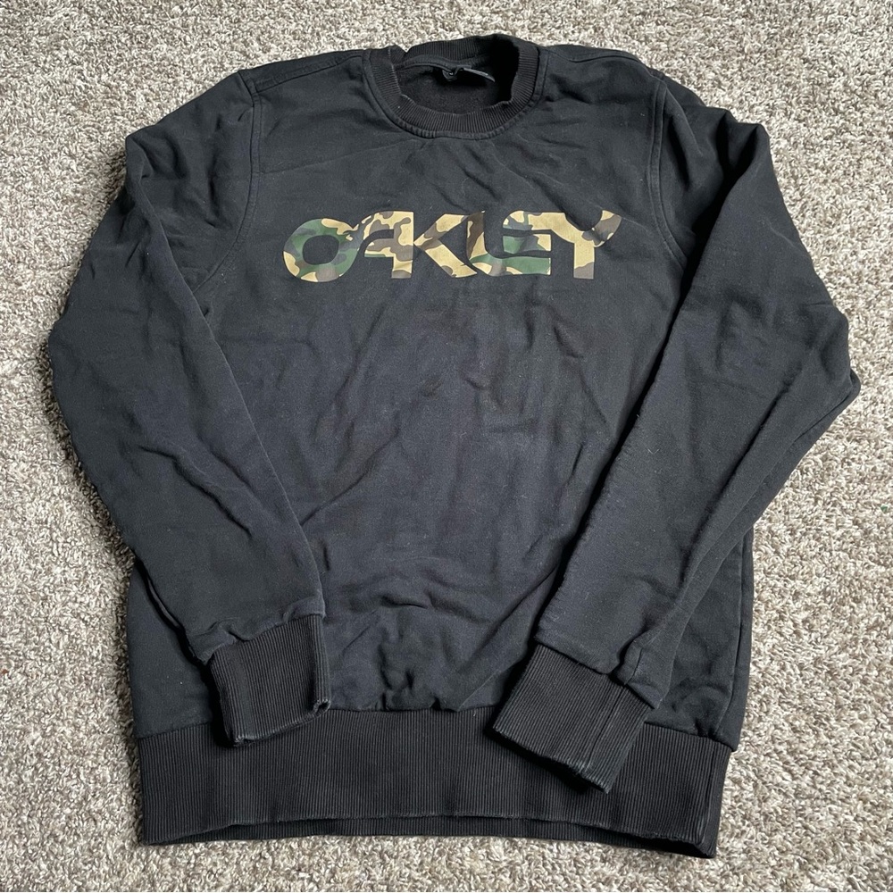 Oakley Sweatshirt Mens Small Black Camo Pullover Camouflage Skater Logo Fleece
